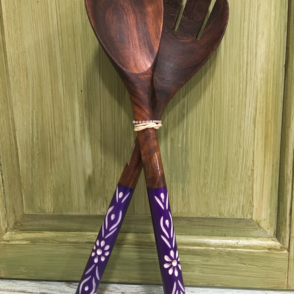 Artisan Wooden Salad Servers with Purple Floral Handles